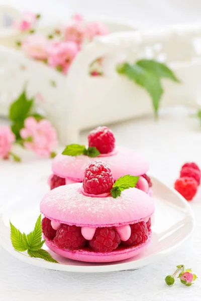 French Makarons Cake Raspberries — Stock Photo, Image