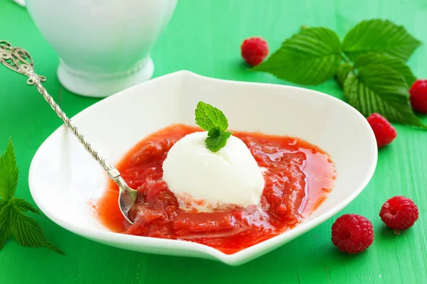 Dessert Ricotta Homemade Rhubarb Compote — Stock Photo, Image