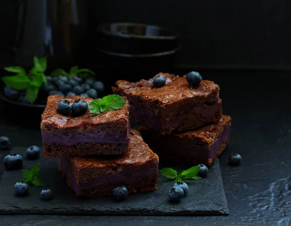Chocolate Brownies Blueberries Cream Filling Dark Background — Stock Photo, Image