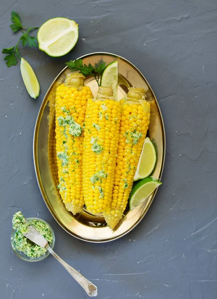 Cooked Corn Served Garlic Butter Selective Focus View — Stock Photo, Image