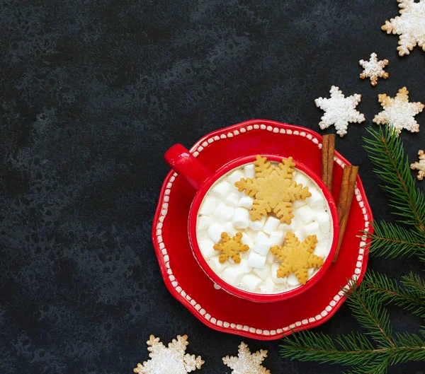 Heißer Kakao Mit Marshmallows Und Lebkuchengewürz Schneeflocken Neues Jahr Konzept — Stockfoto
