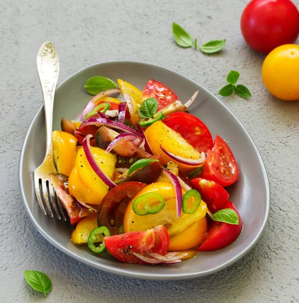 Vegetarian Salad Fresh Tomato Red Onion Basil Olive Oil — Stock Photo, Image