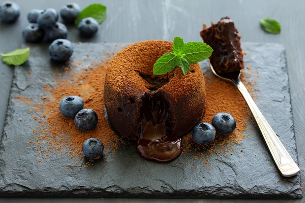 Fondant Delicious Chocolate Dessert Blueberries — Stock Photo, Image