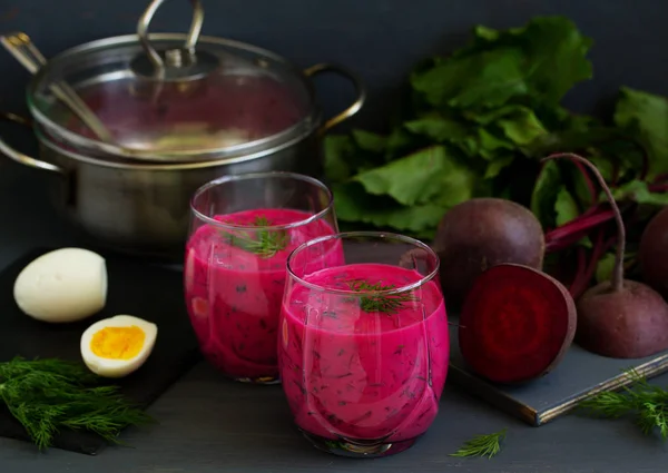 stock image Cold soup with yogurt beets and cucumbers. okroshka.