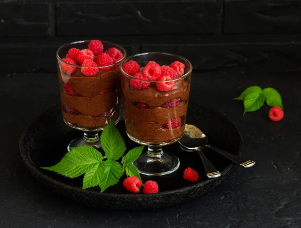 Chocolate Mousse Raspberries Selective Focus — Stock Photo, Image