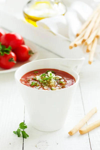 Gaspacho Spanyolca Çorba Ile Taze Domates Yaptı Seçici Odak — Stok fotoğraf