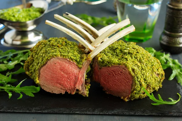 Rack Lamb Herb Cheese Breadcrumbs Festive Meal Selective Focus — Stock Photo, Image