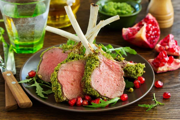 Rack Lamb Herb Cheese Breadcrumbs Festive Meal Selective Focus — Stock Photo, Image