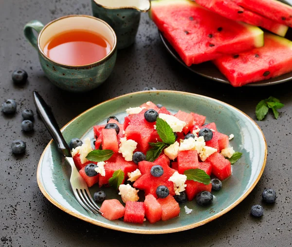 Salad Watermelon Cheese Berries Mint — Stock Photo, Image