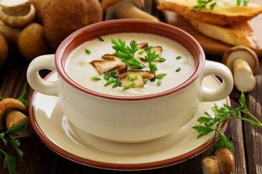 Yaban mantarlı lezzetli çorba püresi.