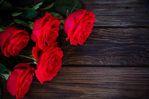 Petals Red Roses Wooden Background — Stock Photo, Image