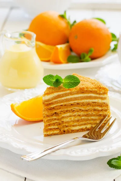 Homemade Honey Cake Orange Cream White Plate — Stock Photo, Image