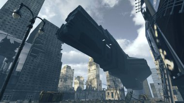 terk edilmiş bir yüzeye iniş bir futuristik kargo uzay 3D render. Hasarlı mimarisi ile kentsel bir kıyamet city.