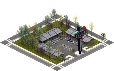 İzometrik şehir binaları, sürücü Motel. 3D render