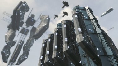Etkileyici uzay istasyonu ile fütüristik scifi şehir. 3D render