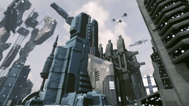 Uzay gemisi ile fütüristik scifi şehir çıkartıyor. 3D render