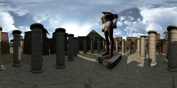 3D render equirectangular, mimari ve Tanrı Horus'un Antik Mısır heykeli. Heykelin önünde bir panorama 360 derece görüntü. At arka plan tapınaklar piramitler ve palmiye ağaçları tatlı.