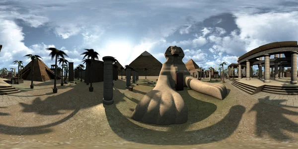 Spherical 360 degrees, seamless panorama of ancient Egypt archtecture Sphinx and pyramids. 3D rendering — Stock Photo, Image