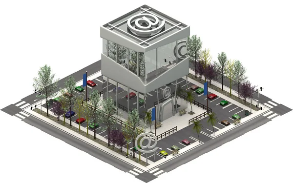 Isometric city buildings, parking lot with IT computer company. 3D rendering