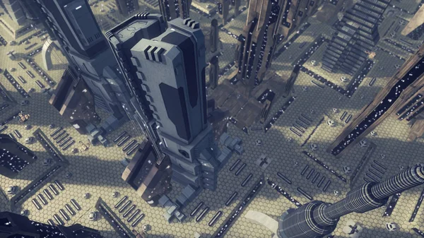 Fliegen über eine futuristische Scifi-Stadt. 3D-Darstellung — Stockfoto