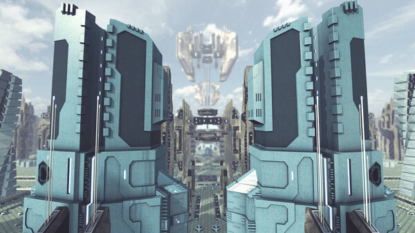 Взлетаем из футуристического научно-фантастического города. 3D рендеринг
