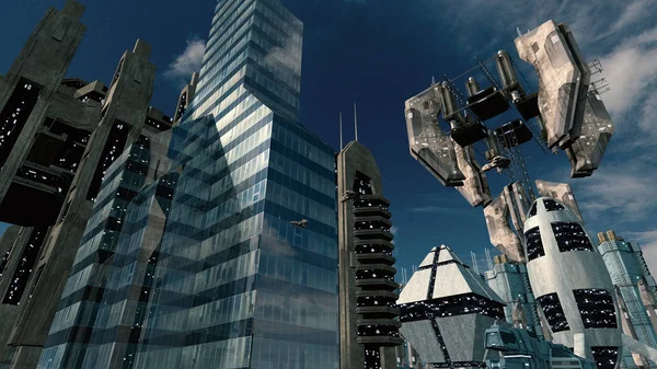 Città scifi futuristica con stazione spaziale. Rendering 3D — Foto Stock