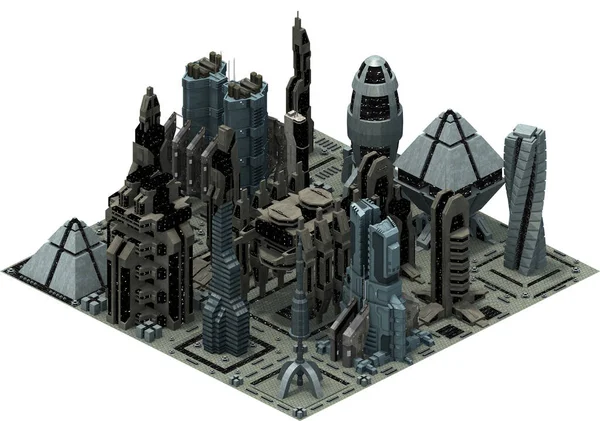 Ισομετρική φουτουριστικό sci-fi αρχιτεκτονική, κτίρια της πόλης του μέλλοντος. 3D rendering — Φωτογραφία Αρχείου
