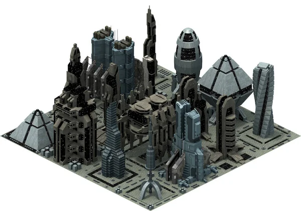 İzometrik fütüristik bilim-kurgu Mimarlık, şehir binalar geleceğin. 3D render
