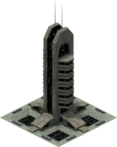 Arquitetura sci-fi futurista isométrica, torre espacial. Renderização 3D — Fotografia de Stock