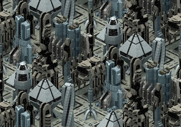 Ισομετρική φουτουριστικό sci-fi αρχιτεκτονική, πόλη του μέλλοντος. 3D rendering — Φωτογραφία Αρχείου
