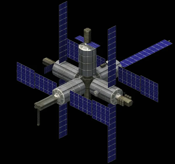 Isometric futuristic sci-fi architecture, spacestation with solar panels. 3D rendering