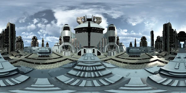 Imagem 360Vr Uma Cidade Futurista Ficção Científica Com Arranha Céus Imagens De Bancos De Imagens Sem Royalties