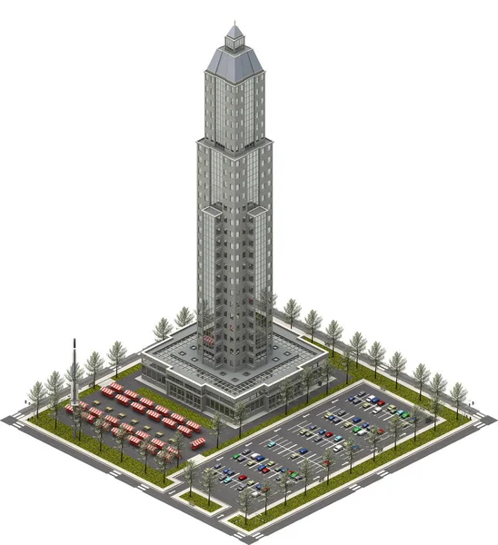 Edificios isométricos de la ciudad, torre de rascacielos y estacionamiento. Renderizado 3D Imagen de stock