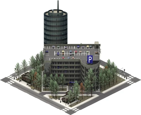 Edificios isométricos de la ciudad, estacionamiento con rascacielos. Renderizado 3D Fotos de stock