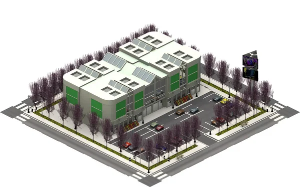 아이소메트릭 도시 건물, 쇼핑 센터와 주차장. 3 차원 렌더링 스톡 이미지