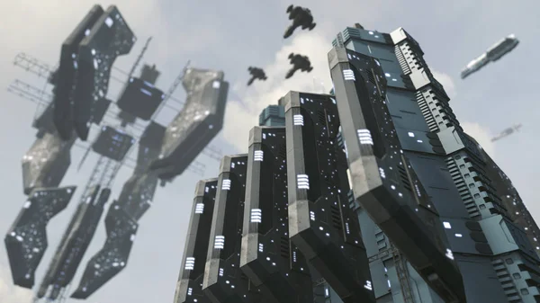 Ciudad de ciencia ficción futurista con impresionante estación espacial. Renderizado 3D Imágenes de stock libres de derechos