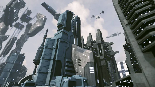 Futurista cidade cifi com nave espacial decola. Renderização 3D Imagens De Bancos De Imagens