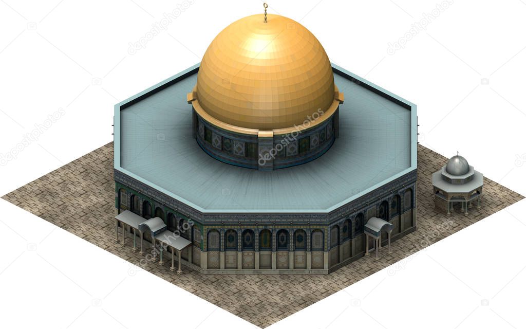 Isometric architecture, dome of the rock Jerusalem. 3D rendering