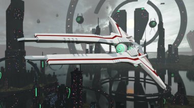 Sanal spacescene mimarisi ve uzay gemisi. 3D render