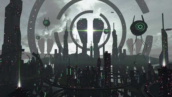 Alien Scifi City Futuristic Black Neon Effects Rendering — Stock Photo, Image