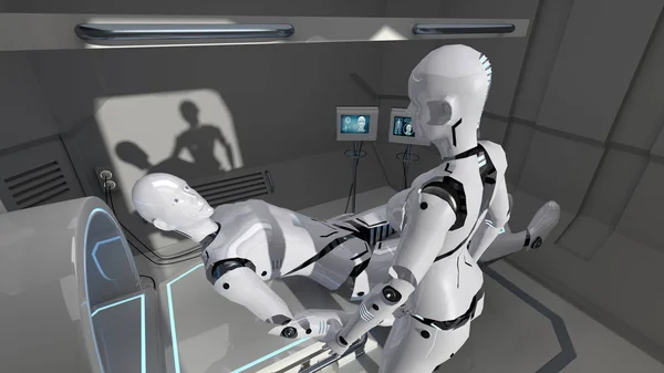 Manliga Och Kvinnliga Sjuksköterska Robotar Futuristisk Medicinsk Anläggning Rendering — Stockfoto
