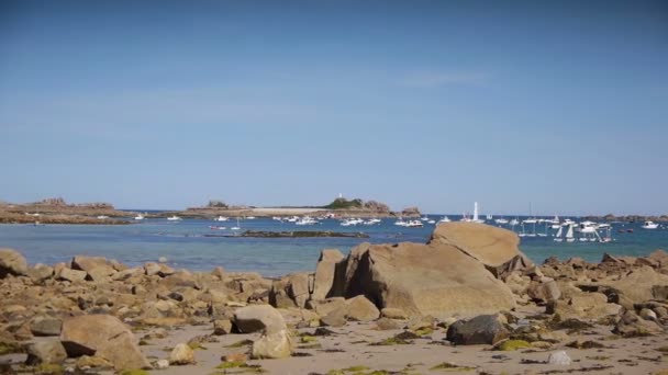 在白口海边的粗糙岩石 布列塔尼法国 这个镜头是一个平移镜头 — 图库视频影像