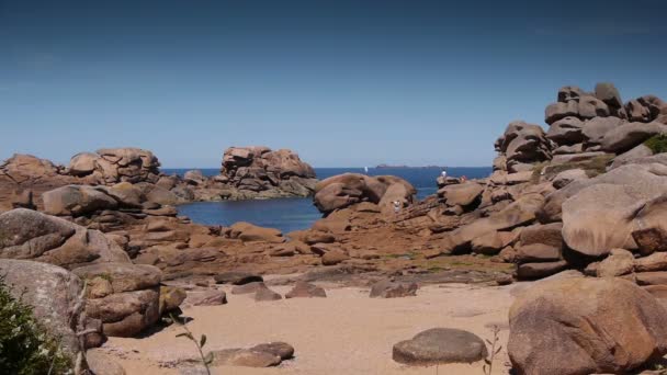 Red Granite Rocks Ploumanach Pink Stones Coastline Bretagne France — Stock Video