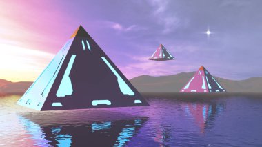 suyun üstünde boya renkli neon fantezi payramids 3D Illustration. Futuristik bir görüntü.