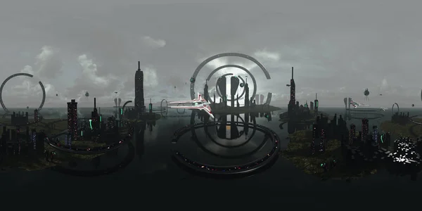 Spherical 360 degrees, seamless panorama alien futuristic city. 3D rendering — Stock Photo, Image