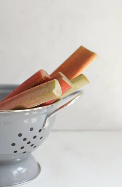 Summer Harvesting Concept Summer Market Fresh Rhubarb Colander Selective Focus — Stock Photo, Image