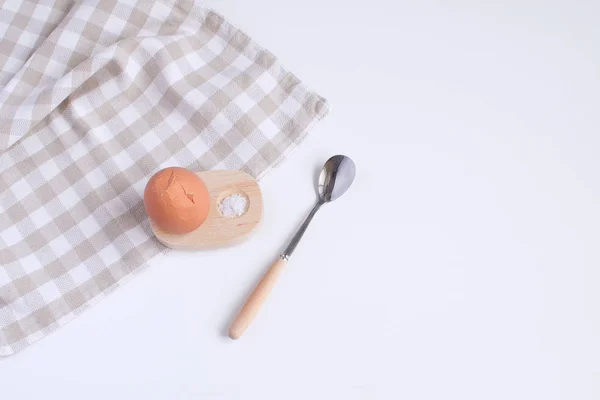 Served Table Breakfast Boild Egg Wooden Egg Cup Salt Spoon — Stock Photo, Image