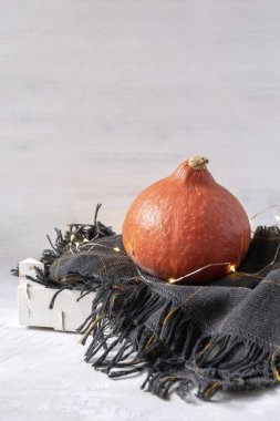 Sonbahar kavramı - kabak, çelenk ışık Beyaz ahşap kutusunda örme kareli ekose yok. Arka plan beyaz, uzay kopyalayın. Cadılar Bayramı, Şükran günü.