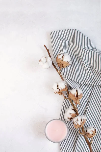 Minimal Autumn Decor Concept Dried Cotton Branch Candle Crumpled Striped — Stock Photo, Image