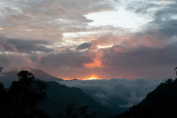 Sunrise in the mountains, palm trees silhouette. Sri lanka, travel destination